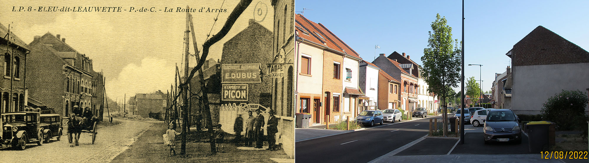 Rue Gabriel Péri aux alentours de 1930 et en 2017
